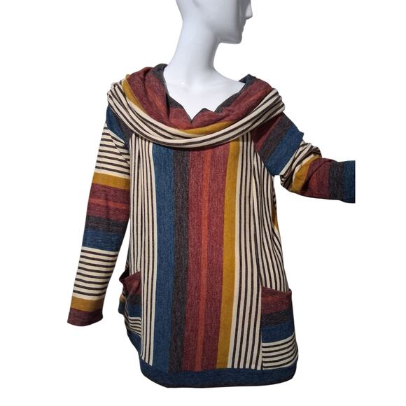 Y2K Vintage Young at Heart Women's size Large Cowl Neck Striped Pocket Tunic Top - Picture 3 of 12